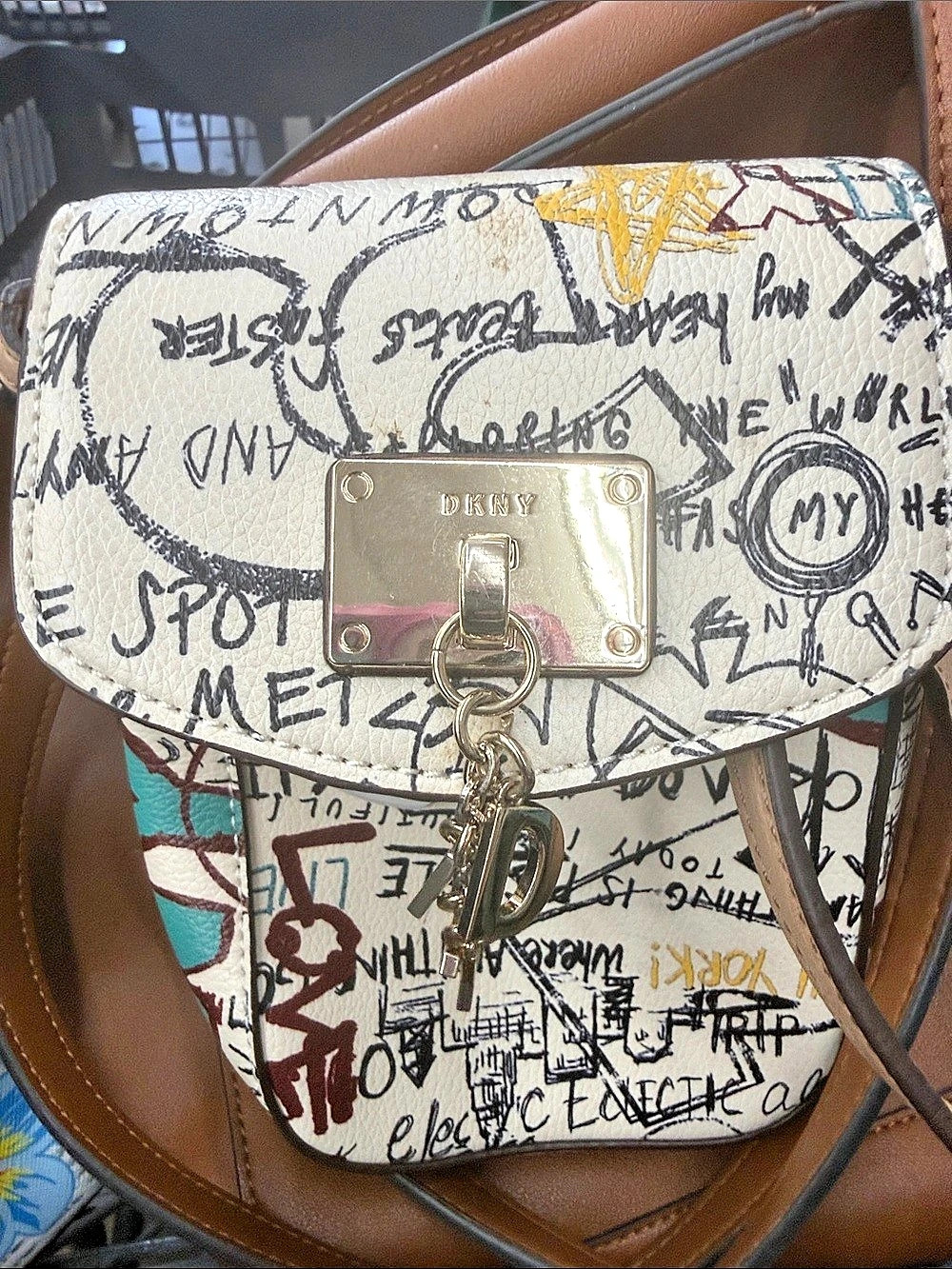 DKNY Tilly Graffiti Foldover Backpack White & Brown